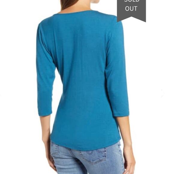 Loveappella Teal V Neck with Drape Front Twist - Picture 3 of 12